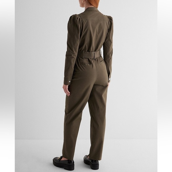 NWT Express Puff Sleeve Tie Waist Chino Jumpsuit - Picture 2 of 8
